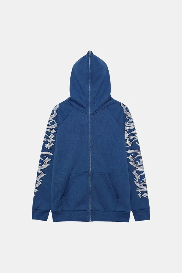 Doudoune Imprimée Bleue Y2K - Hoodie Unisexe Slim Éclair Complet et Design Urbain