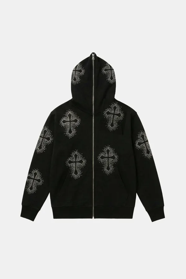 Gilet orné de croix strassées – Sweat Streetwear Y2K élégant et audacieux