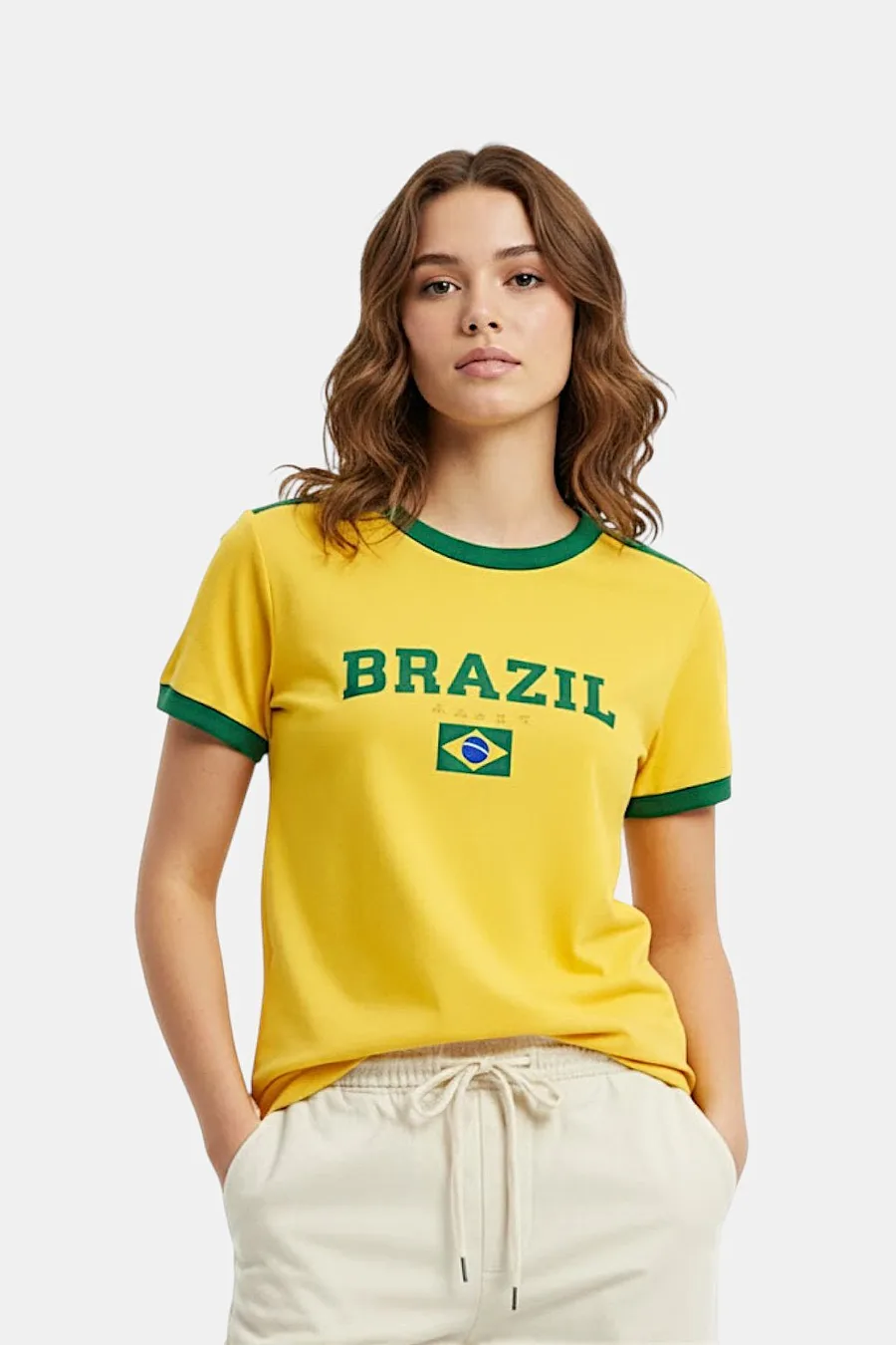 T-shirt Brésil Femme – Tee-Shirt Sportif & Élégant en Coton avec Imprimé Drapeau Brésilien Vert et Jaune – Coupe Ajustée - 2