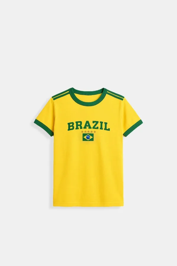 T-shirt Brésil Femme – Tee-Shirt Sportif & Élégant en Coton avec Imprimé Drapeau Brésilien Vert et Jaune – Coupe Ajustée